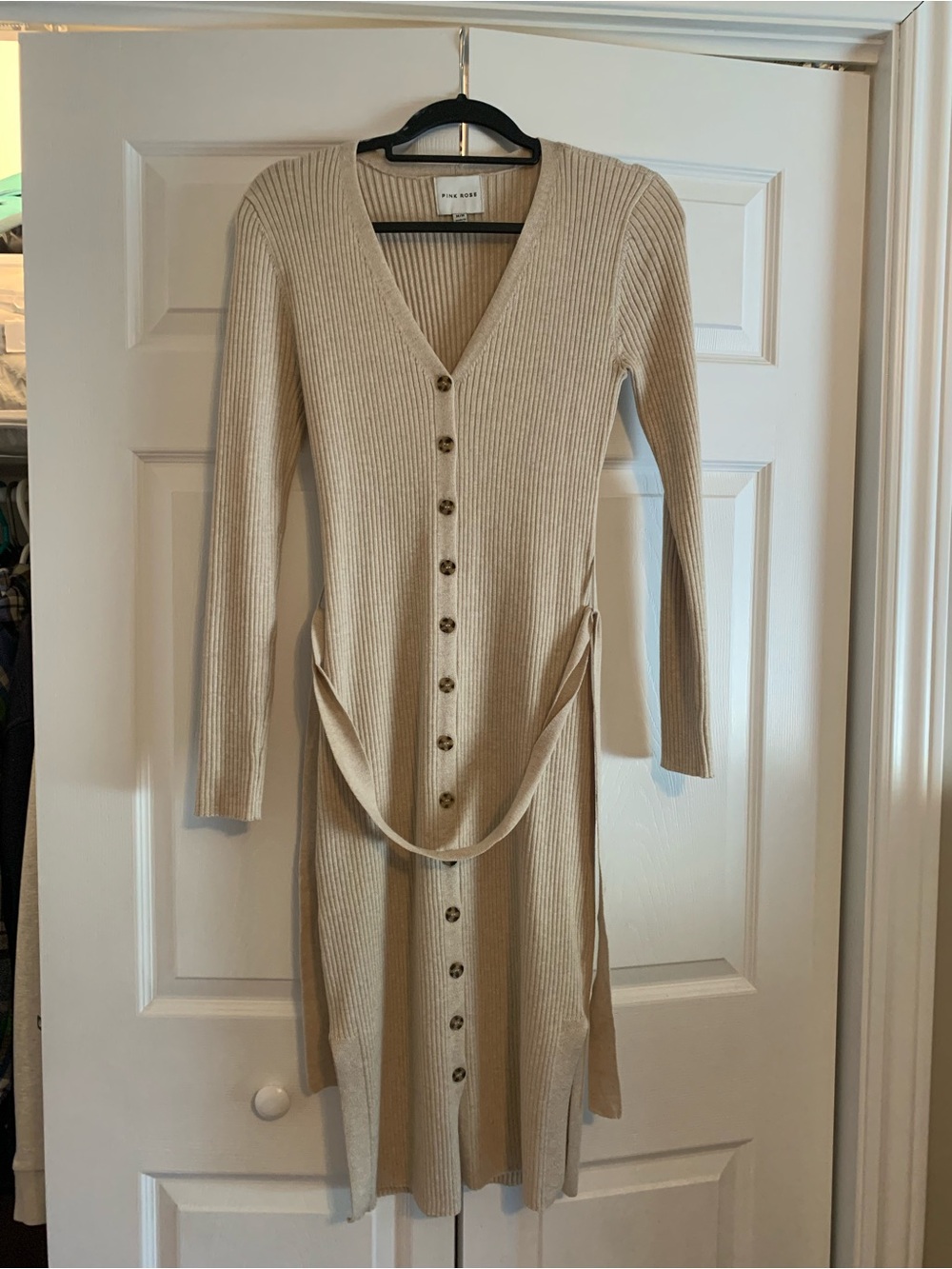 Ribbed Button-Front Long Sleeve Midi Dress in Beige